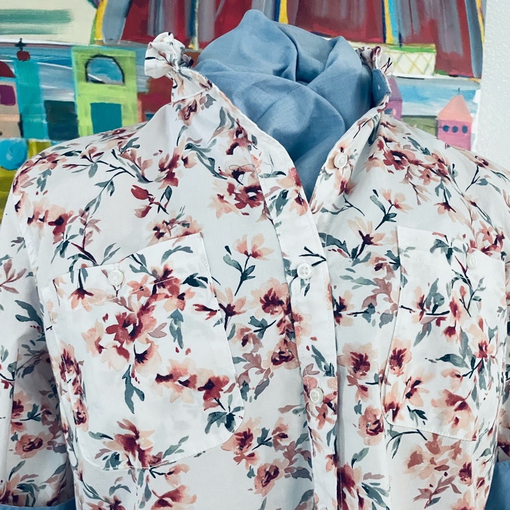 Plus Size Floral Top, Ruffle Collar Long Sleeve Button Down Shirt